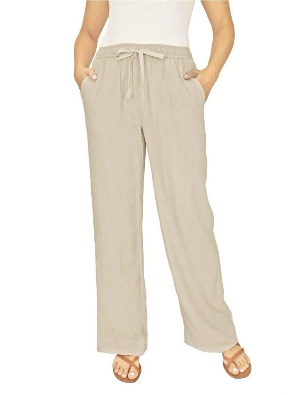 💥   Women's XL Tan Linen Blend Drawstring Pants Elastic Waist B0611